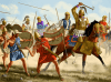 Batalla de Cunaxa 401 AC. La caballería pesada de Tisafernes penetrando en el ala derecha griega ocupada por los peltastas. Autor Johnny Shumate.