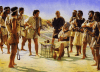 Honderos de Baleares, reclutamiento durante la campaña de Magón en el 206 AC, el reclutador está sentado y protegidos por guerreros libios. Autor Steve Noon para Osprey