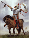 Batalla de Faventia 542. El guerrero ostrogodo Valaris se adelanta y desafía al ejército bizantino. Artabazes un armenio aceptó el desafío y en el lance ambos murieron. Autor Angus McBride