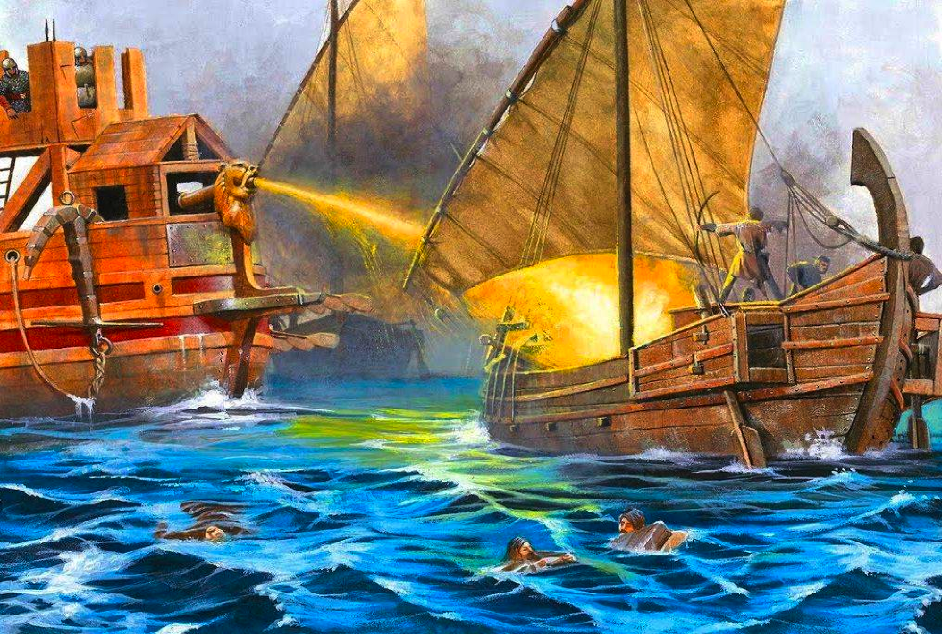 Греческий огонь с каким событием связано история. Дромон Византийский корабль. Греческий огонь в Византии. Сифонофор греческий огонь.