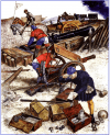 Artilleria borgoñona 1470. 1 transporte de un Veuglaire, 2 maestro artillero con una bombarda rebentada. 3 artillero con una serpentina 