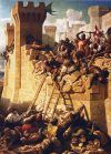 Asedio de Acre 1291. El maestre hospitalario Mathieu de Clermont defendiendo las murallas. Museo del Louvre 