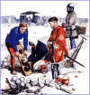 Asedio de Vellexon 1409-10. artillería borgoñona 1.-Jean de Vergy mariscal Borgoña, 2 picapedrero, 3 artillero, 4 ballestero montando guardia. Observar como el mantelete está levantado para dispara la bombarda. Autor Gerry Embleton 