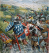 Batalla de Auray, 29 de Septiembre de 1364, que significó el final de la Guerra de Sucesión Bretona. Las huestes de Juan de Montfort, asistido por tropas inglesas, vencieron al pretendiente Charles de Blois, apoyado por franceses y que dejó la vida en la batalla. Autor Giuseppe Rava 