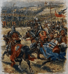 Batalla de Crecy 1346. El conde de Alesón cargando contra el príncipe Negro. Autor Harry Payme 