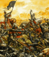Batalla de Formigny 1.450 Primera fase hombres de armas franceses desmontados atacando las posiciones inglesas. Autor Giuseppe Rava Fuente http://www.g-rava.it 