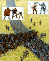 Batalla de Formigny 1.450. Segunda fase. Los ingleses forman un arco con arqueros y hombres de armas junto al río. 1 cañón ligero frances. 2 arqueros y hombres de armas ingleses. Autor : Adam Hook para Osprey 
