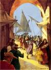 Asedio de Acre 1291. Hospitalarios evacuando civiles en el puerto de Acre durante la caída de la ciudad. Autora Christa Hook 
