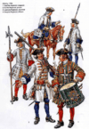 Ejército francés en 1.720. Infantería Real: 1 Sargento del regimiento Tourville: 2 Soldado del regimiento del Rey; 3 Tambor del regimiento Lyonais; 4 Oficiales del regimiento del Delfín. Autor Eugène Leliepvre. 