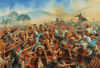 Batalla de Platea 479 BC. Muerte de Mardonio. Mardonio a caballo y al frente de 1.000 inmortales tratando de frenar el contraataque espartano, el espartano Aeimnesto le mató de una pedrada. Autor Peter Dennis para Osprey