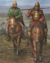 Jinetes escitas siglos VII y VI AC. A la izquierda jinete arquero ligero a la derecha jinete pesado. Autor Angel García Pinto
