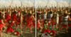 Batalla de Leuctra 371 AC, dos imágenes iguales del ejército espartano, pero con distinta uniformidad, se ve un oficial espartano herido trnsportado por dos compañeros, se distingue su casco con la cimera transversal. Autor Jhonny Shumate