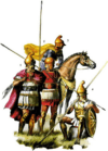 Ejército macedonio 300 AC: 1. comandante macedonio; 2. falangita con linotorax; 3 jinete de los compañeros; 4 falangita con torax o coraza. 