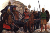 Ejército persa finales del siglo IV AC: A rey Darío III en su carro de guerra; B y C caballería persa; D kardake ligero. Autor Richard Scollins 