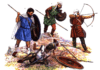Infantería persa mediados siglo V AC: A infante de Lakya; B hoplita griego; C infante ligero persa; D arquero persa. Autor Richard Scollins