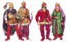 Sármatas: a la izquierda guerreros lancero y arquero, a la derecha una pareja noble. Se aprecia los pantalones o saravara y las botas o xshumaka.