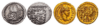 Artabano IV y Caracalla. A la Izquierda moneda de Artabano IV rey de Partia (213-224) a la derecha moneda de Caracalla emperador de Roma (211-217)