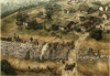 Construcción de un oppidum galo. Observar el murus gallicus hecho con troncos entrecruzados