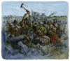 Batalla de los Campos Cataláunicos o de Chalons 451 (5). La infantería ostrogoda de Walimiro carga contra la infantería visigoda de Teodorico que aguanta. Autor Christian Jégou
