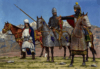 Caballería sasánida: a la izquierda arquero ligero, centro savarán con caballo totalmente protegido, derecha savaran con caballo parcialmente protegido. Autor Dariusz Bufnal 