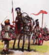 Ejercito del rey ostrogodo Totila: A) Totila; B) guardaespaldas ostrogodo; C) portaestandarte; D) infantería ostrogoda 