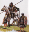 Ejercito del rey visigodo Agila: A) Noble visigodo. B) Infante lancero. C) arquero. D) Miliciano hispano