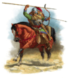 El general huno Althias del ejército de Belisario, atrapando una lanza que ha sido lanzada por el jefe morisco Yaudas al que derrotó en un combate singular en Tigisis. Autor Angus McBride 