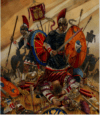 La batalla de Adrianópolis 378 muerte de Valente. Según una versión el emperador murió en el campo de batalla, se le ve en el primer plano en el suelo con una flecha en el cuello. Autor Pavel Simak