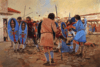 Levantamiento de los godos en Marcianópolis, al no permitirles comprar en el mercado de la ciudad, Lanzan piedras y matan algunos soldados romanos. Autor Howard Gerard