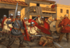 Lucha entre los soldados romanos y los visigodos en las calles de Marcianópolis. Los romanos llevan espada larga o spatha con la vaina en el lado izquierdo. Autor Johnny Shumate