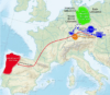 Mapa mostrando las emigraciones de los suevos en el siglo I y en el siglo V