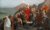  Retirada de los ostrogodos de Italia tras la batalla de Mons Lactarius en el 553, llevan el cuerpo del rey Teias caido en la batalla, mientras los soldados bizantinos contemplan la escena. Autor Fritz Roeber