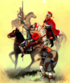 Soldados de Belisario en África: A bucelario; B infante imperial; C Belisario; D jinete imperial. Autor Peter Garriock 