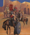 Tropas de Narsés delante de Roma: A) portaestandarte; B) infante romano; C) jinete hérulo; D) jinete pesado ostrogodo; E) jinete ligero ostrogodo. 