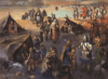 Visigodos cruzando el Danubio en el 376. Los godos se embarcan en barcas y canoas hechas de troncos huecos y cruzan el Danubio, incluso algunos trataron de cruzarlo nadando, ahogándose en el intento. En la orilla opuesta un oficial romano recoge dinero a cambio de alimentos. Autor Angus McBride