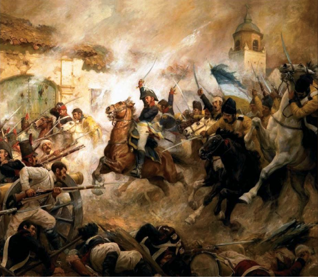 Batalla de Rancagua (1 y 2 de octubre de 1814). Carga de Bernardo O'Higgins para romper el cerco realista el día 2. Autor fray Pedro Subercaseaux Errázuriz.