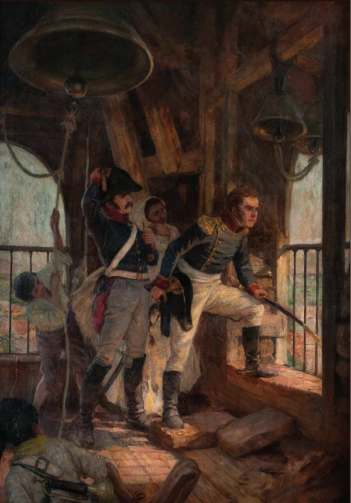 Batalla de Rancagua (1 y 2 de octubre de 1814), Bernardo O’Higgins otea desde la torre de la Merced el día 2, el avance de las tropas del brigadier José Miguel Carrera. Autor fray Pedro Subercaseaux Errázuriz.