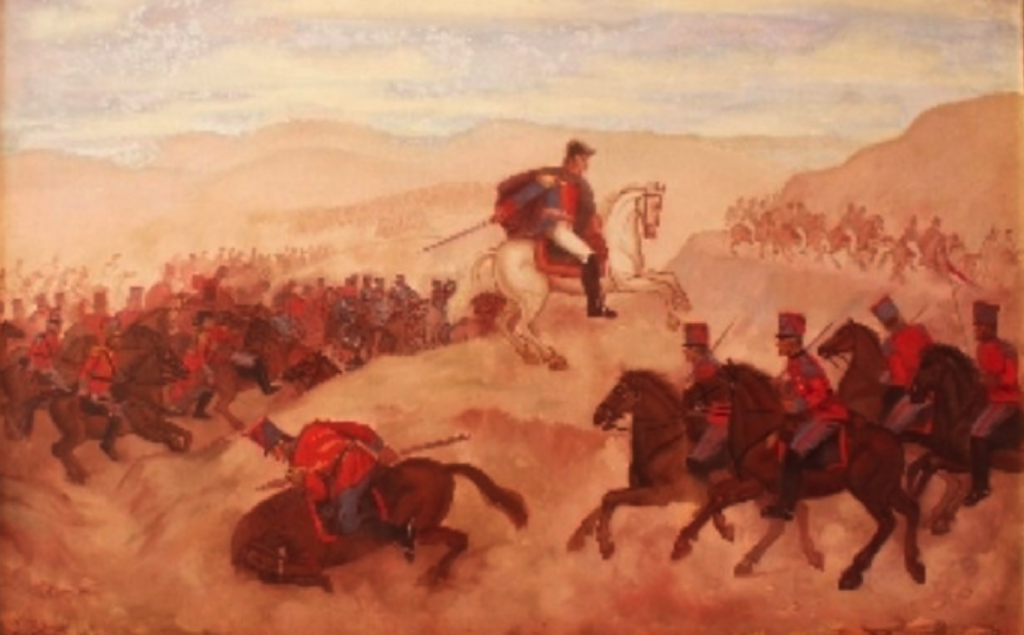 Batalla de Junín (6 de agosto de 1824). Los húsares de Perú cargando en columna al mando de Miller. Autora Etna Velarde.
