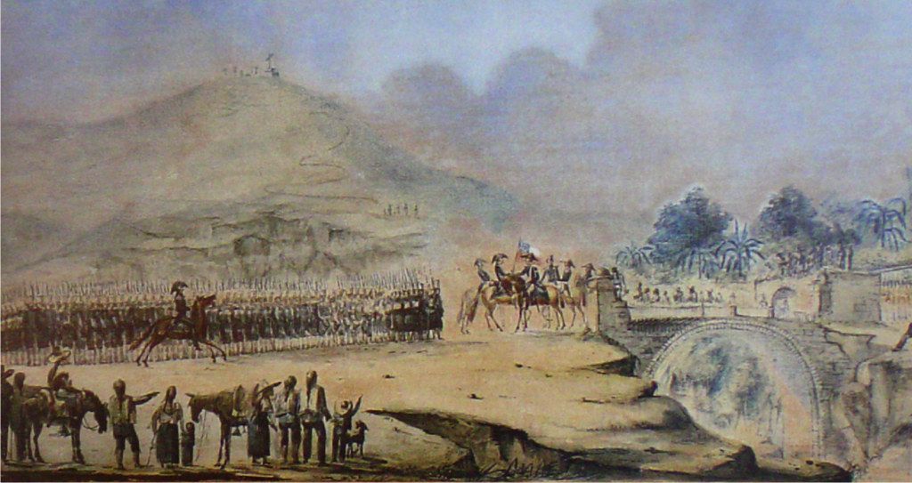 El batallón de Numancia recibiendo la bandera del Ejército Libertador al pasar el puente de Huaura el 3 de diciembre de 1820. Autor Charles Wood Taylor, algunos la han atribuido al procer Bernardo O’Higgins.