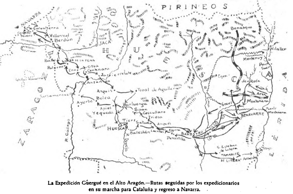 Expedición de Guergué en 1835. Rutas seguidas por los expedicionarios en el Alto Aragón en su marcha a Cataluña y regreso.